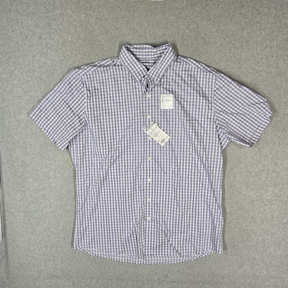 Sonoma Men Button Up Shirt XL Purple Check Short Sleeve Stretch NWT